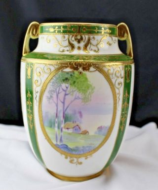 Antique Nippon Hand Painted Two Handled Vase Countryside Landscape Green And Gol