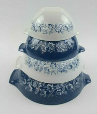 Vintage Pyrex Blue & White Colonial Mist Mixing Nesting Cinderella Bowl Set Of 4