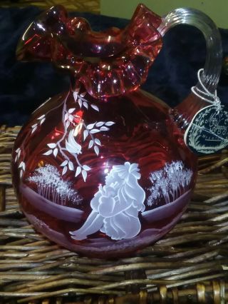Fenton Hand Painted Art Glass Mary Gregory Cranberry Pitcher 927/1950 Signed
