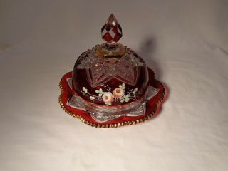 Eapg Diamond With Peg Ruby Stained Pink Roses Gold Coney Island Butter Dish - Nr