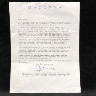 Madonna 1991 Aids Dance - A - Thon Gmhc Nyc York City Letter Possibly Signed (?)