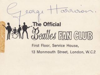 Beatles Uk 1963 Fan Club Card - George Harrison Signature On Reverse