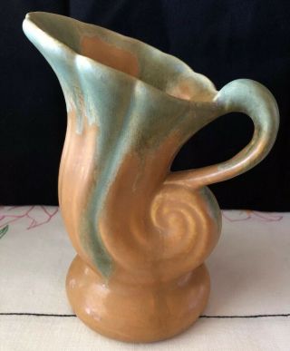 Vintage Camark Arkansas Art Pottery Cornucopia Vase Shape Matte Green Orange
