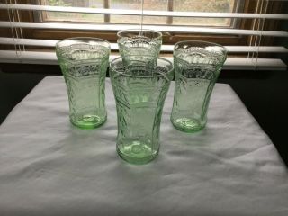 Set 4 Green Depression Glass Large 14 Oz Tumblers Patrician Or Spoke Pattern Htf