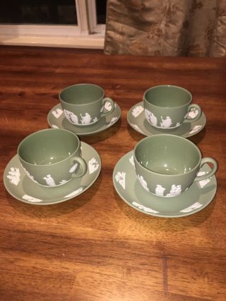 Set Of 4 Vintage Wedgwood Jasperware Sage Green Tea Cup & Saucer Set Vg