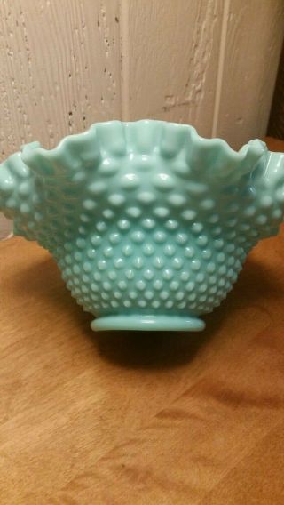 Vintage Fenton Turquoise Blue Milk Glass Hobnail 9 1/2 " Ruffled Crimped Bowl