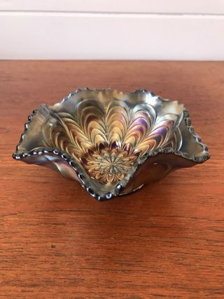 Rare Vintage Blue And Amethyst Carnival Glass Peacock Tail Ruffled Edge Dish