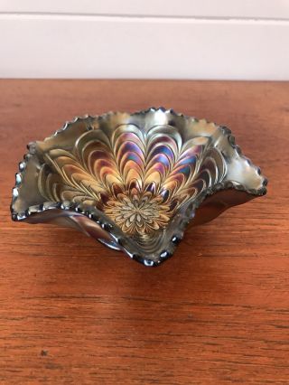 Rare Vintage Blue And Amethyst Carnival Glass Peacock Tail Ruffled Edge Dish 2