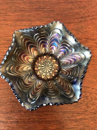 Rare Vintage Blue And Amethyst Carnival Glass Peacock Tail Ruffled Edge Dish 4