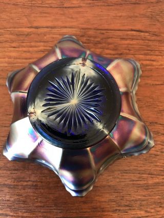 Rare Vintage Blue And Amethyst Carnival Glass Peacock Tail Ruffled Edge Dish 5