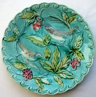 Old French Majolica Plate Sarreguemines: Birds Pecking Cherries