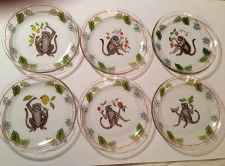 All Six Lynn Chase Monkey Business Glass Plate Vtg Dessert Luncheon 8 1/4”