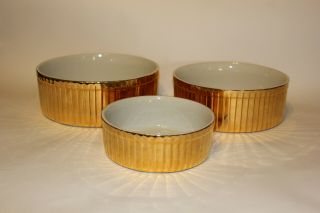 Vintage Hall China Golden Glo Large Soufflé Casserole Dish Ribbed Set of Three 7