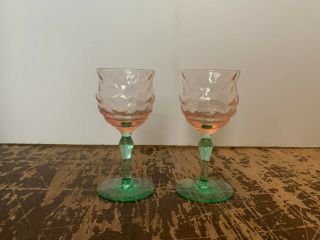2 Vintage Watermelon Pink And Green Depression Glass 2 Ounce Cordial Wine Stem