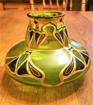 Antique 4 " Nouveau Loetz Iridescent Green Art Glass Vase