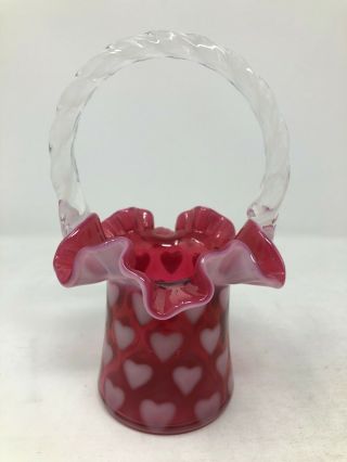 Fenton Cranberry Opalescent Heart Optic Basket 6 5/8 "