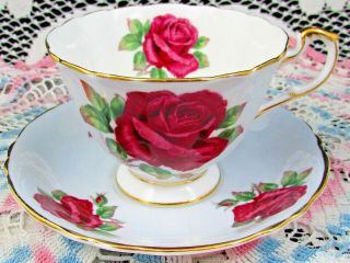 Paragon Red Cabbage Rose Signed Reg Johnson Blue Tea Cup And Saucer