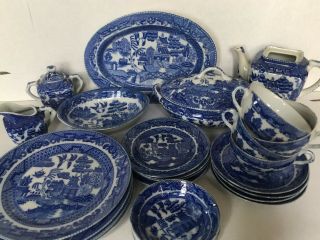 33 Piece Set Of Vintage Japan Blue Willow Child’s China Tureen,  Platter,  Teaset