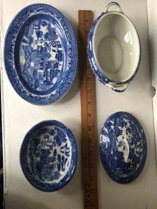 33 Piece Set Of Vintage Japan Blue Willow Child’s China Tureen,  Platter,  Teaset 3