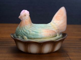 Fenton Glass Folk Art 5 " Hen On Nest Satin Airbrushed Signed Animal Box