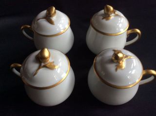 Set Of 4 Vintage / Antique Limoges France Gold Rose Pot De Creme Cups & Lids