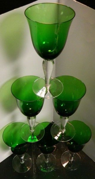 Vintage Set Of (6) Green Goblet Glasses W/ Clear Stems 7.  5 " X 3.  75 "