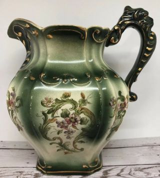 Haynes Baltimore Pottery Pitcher 1868 Date Tuscan Pattern Green Gold 1k