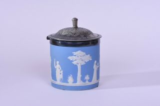 Wedgwood White On Blue Jasperware Biscuit Jar Hinged Lid Late 19th Century 7 "
