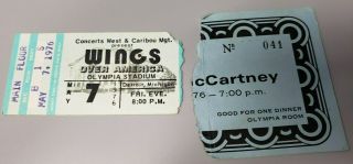 Paul Mccartney Concert,  Dinner Ticket Stub 5/7/76 Detroit Olympia Beatles Row 1