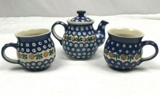 Boleslawiec Polish Pottery Teapot And Mugs Handpainted Blue Nature