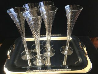 Set Of 6 Vintage Optic Twist Hollow Stemmed Trumpet Champagne Flutes