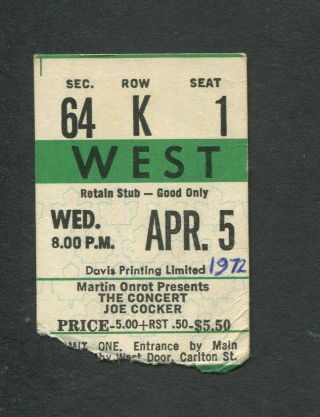 1972 Joe Cocker Concert Ticket Stub Toronto Canada You Are So