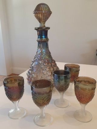Imperial Smoke Grape Carnival Glass Decanter And 5 Glasses