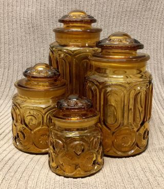 Vintage L.  E.  Smith Amber Moon & Stars Canister Set Of 4 Glassware Jars