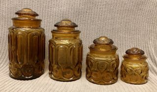 VINTAGE L.  E.  SMITH AMBER MOON & STARS CANISTER SET OF 4 GLASSWARE JARS 2