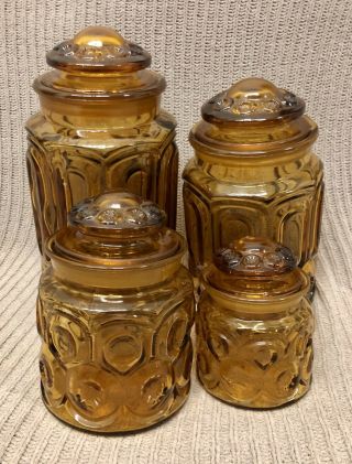 VINTAGE L.  E.  SMITH AMBER MOON & STARS CANISTER SET OF 4 GLASSWARE JARS 3