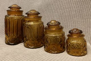 VINTAGE L.  E.  SMITH AMBER MOON & STARS CANISTER SET OF 4 GLASSWARE JARS 4