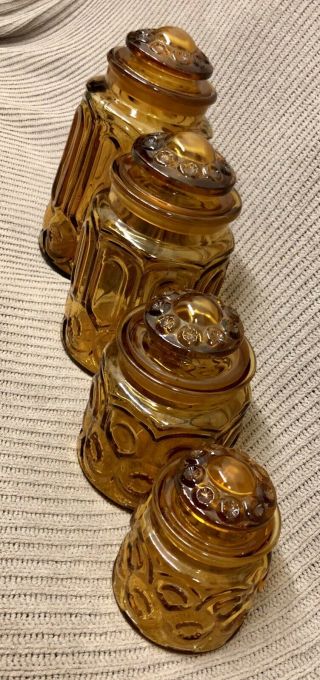 VINTAGE L.  E.  SMITH AMBER MOON & STARS CANISTER SET OF 4 GLASSWARE JARS 5