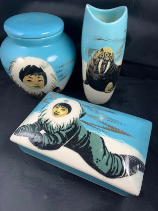 3 Matthew Adams Signed Alaska Eskimo Walrus Sascha Brastoff Blue Box Vase Jar