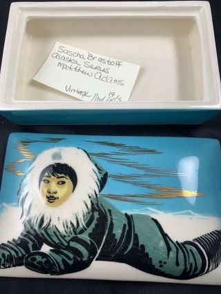 3 MATTHEW ADAMS SIGNED ALASKA Eskimo Walrus SASCHA BRASTOFF Blue Box Vase Jar 3