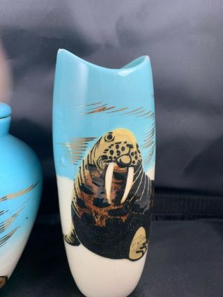 3 MATTHEW ADAMS SIGNED ALASKA Eskimo Walrus SASCHA BRASTOFF Blue Box Vase Jar 4