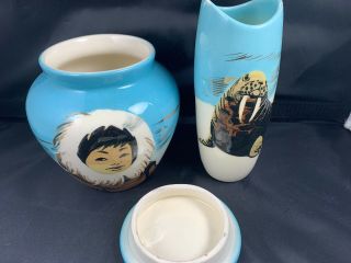3 MATTHEW ADAMS SIGNED ALASKA Eskimo Walrus SASCHA BRASTOFF Blue Box Vase Jar 7