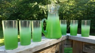 Frosted West Virginia Glass Blendo Green Pitcher & 6 Glasses Set Retro Vintage