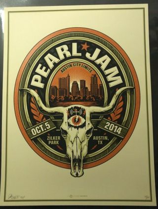 Pearl Jam Concert Poster - Austin 10.  5.  14 - Ae Signed 24/100