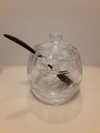 William Yeoward Etched Crystal Honey Sugar Jar With Lid And Wood Spoon Bee
