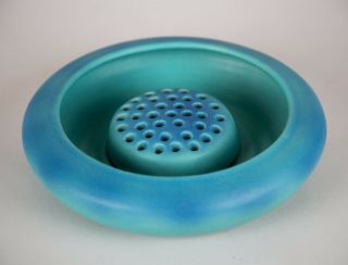 Van Briggle Art Pottery Turquoise Blue Flower Frog Holder & Shallow Bowl 9.  5 "