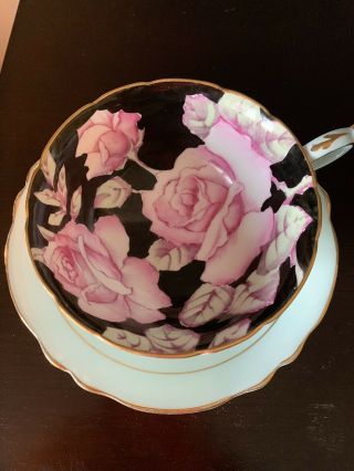 Paragon Cup And Saucer Gorgeous Aqua Pink Roses On Black 1940’s Hand Painted