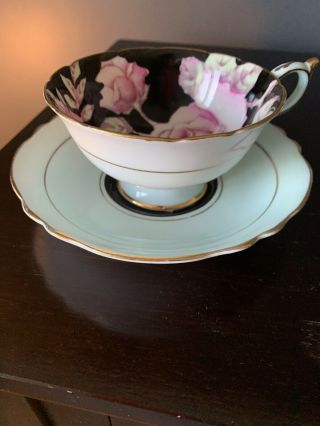 Paragon Cup And Saucer Gorgeous Aqua Pink Roses On Black 1940’s Hand Painted 5