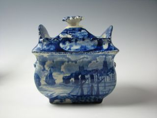 Dark Blue Staffordshire Transferware Sugar Bowl With Ship As - Is Antique C.  1825