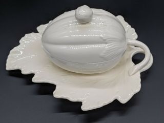 Wedgewood Creamware Melon Soup Tureen Sauce Dish With Leaf Underplate 2